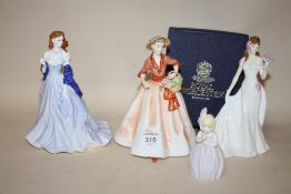 THREE ROYAL WORCESTER LADY FIGURES, SPRING, FLORAL LADIES JULY AND THE BRIDE TOGETHER WITH A BOXED