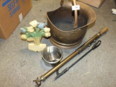 A COPPER COAL BUCKET TOGETHER WITH A BRASS FLOREST'S FRIEND SPRAYING SYRINGE AND OTHER METALWARE