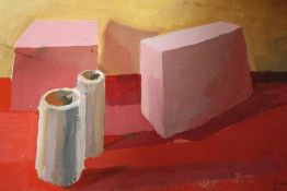 AFTER TERRY FROST - AN UNFRAMED GOUACHE ON PAPER OF A MODERNIST STILL LIFE, SIZE 51 CM X 37 CM