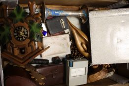 A TRAY OF COLLECTABLES TO INCLUDE A CUCKOO CLOCK, BLACK AND WHITE PHOTOGRAPH ALBUM, CARVED TREEN ETC