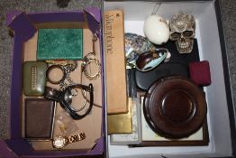 TWO BOXES OF COLLECTABLES TO INCLUDE AN APPLE MICROPHONE, WIND UP MOUSE TOY, WATCHES ETC.