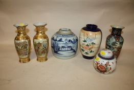 SIX ORIENTAL STYLE CERAMIC VASES AND A BLUE AND WHITE GINGER JAR