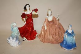 TWO COALPORT LADIES OF FASHION FIGURES, ADELINE AND ROMANY DANCE TOGETHER WITH TWO SMALLER