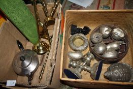 TWO BOXES OF METALWARE TO INCLUDE EASTERN WHITE METAL FRUIT SHAPED TRINKET BOXES, BRASS COMPANION