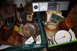 TWO TRAYS OF COLLECTABLES TO INCLUDE MANTLE CLOCKS, WOODEN CAR FIGURE ETC