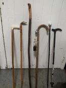 A COLLECTION OF WALKING STICKS TO INCLUDE A GOLF INTEREST EXAMPLE