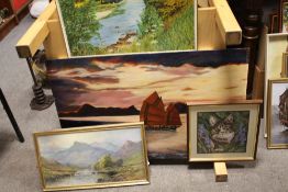 A COLLECTION OF PICTURES AND PRINTS TO INCLUDE AN UNFRAMED OIL ON BOARD OF A SAIL SHIP AT SEA