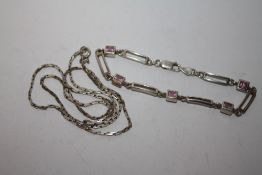 A GEM SET SILVER BRACELET TOGETHER WITH A SILVER CHAIN