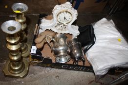 A SMALL TRAY OF COLLECTABLES TO INCLUDE BRASS CANDLESTICKS, PENTAX CAMERA ETC.