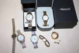 A BAG OF ASSORTED WRISTWATCHES TO INCLUDE A YELLOW METAL REGENCY EXAMPLE, BOXED INGERSOLL EXAMPLE