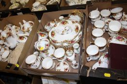THREE TRAYS OF ROYAL ALBERT OLD COUNTRY ROSES CHINA TEA AND DINNERWARE TO INCLUDE COFFEE POTS,
