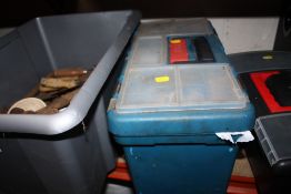 TWO TOOL BOXES AND A BAG OF TOOLS TOGETHER WITH A BOX OF TOOLS