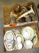 TWO TRAYS OF CERAMICS AND GLASSWARE ETC. TO INCLUDE CANDLE STANDS AND VINTAGE TINS