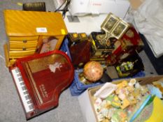 A BOX OF COLLECTABLES TO INCLUDE JEWELLERY BOXES, SMALL DESK TOP GLOBE ETC.