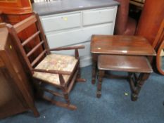 TWO OCCASIONAL TABLES AND A SMALL ROCKING CHAIR (2)