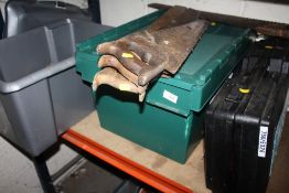 TWO BOXES OF HANDTOOLS, SAWS ETC PLUS A HYDROLIC TROLLEY JACK