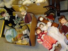 A BOX OF PORCELAIN HEADED DOLLS ETC.