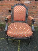 A LOUIS XV STYLE CARVED, PAINTED AND UPHOLSTERED ARMCHAIR