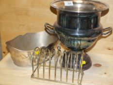 A SILVER PLATED CHAMPAGNE BUCKET TOGETHER WITH A SILVER PLATED TOAST RACK AND ANOTHER BUCKET (3)