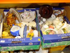 THREE TRAYS OF ASSORTED CERAMICS TO INCLUDE FIGURATIVE STORAGE JARS, TEA POTS ETC.