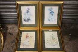 A SET OF FOUR GILT FRAMED AND GLAZED LIMITED EDITION 'THEATRE OF FASHION' PRINTS SIGNED RIMALDA