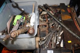 TWO BOXES OF HANDTOOLS ETC TO INCLUDE SPANNERS, SAWS, ETC
