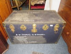 A VINTAGE PACKING TRUNK - BANDED H-50 W-92 CM