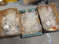 THREE TRAYS OF MOSTLY CUT GLASS TO INCLUDE A WHITE METAL RIMMED SALAD BOWL, DECANTER ETC.