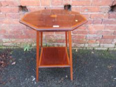 AN EDWARDIAN MAHOGANY INLAID TWO TIER OCCASIONAL TABLE