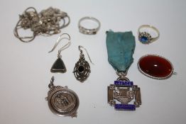 A BAG OF SILVER JEWELLERY ETC. TO INCLUDE A LONG SERVICE MEDAL FOR THE NATIONAL OPERATIC AND