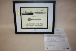 A FRAMED AND GLAZED SILVER SPOON, FROM THE SS BINNENBEIJK CARGO SHIP WRECK, WITH MARITIME AND