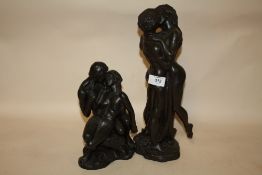 TWO HEREDITIES BRONZE EFFECT FIGURES, ENTITLED 'LOVERS' AND 'THE EMBRACE', LARGEST 37CM