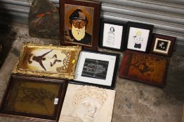 A COLLECTION OF UNUSUAL PICTURES TO INCLUDE A PAINTING ON SLATE, PLASTER WALL HANGING, RELIGIOUS