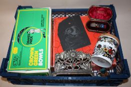 A BOX OF COLLECTABLES TO IC CROWN GREEN LAWN BOWLS, ART NOUVEAU LETTER RACK ETC