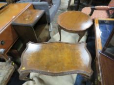 A VINTAGE WALNUT BEDSIDE CABINET, WALNUT COFFEE TABLE AND A CIRCULAR COFFEE TABLE (3)