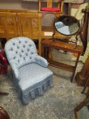 A BLUE BEDROOM CHAIR, TWO TIER STAND AND AN OVAL DRESSING MIRROR (3)
