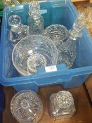 A BOX OF CUT GLASS DECANTERS, FRUIT BOWLS ETC.