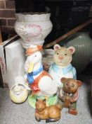 A COLLECTION OF CERAMICS TO INCLUDE A LARGE JUG, BEAR SHAPED STORAGE JAR ETC.