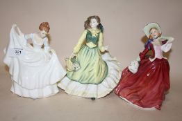 THREE ROYAL DOULTON LADY FIGURES, PAMELA HN2479, AUTUMN BREEZES HN1934 AND APRIL HN3693