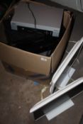 TWO SAMSUNG MONITORS PLUS A BOX OF SONY SOUND SYSTEM PARTS ETC A/F