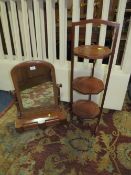 A SMALL MAHOGANY DRESSING MIRROR AND A CAKE STAND (2)