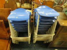 A QUANTITY (13) OF BLUE SEATED STACKING STOOLS