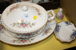 A ROYAL ALBERT MOSS ROSE TUREEN, MEAT PLATE, SIDE PLATE, PEPPERETTE TOGETHER WITH A MOONLIGHT ROSE