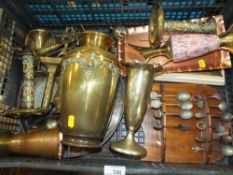 A TRAY OF METALWARE TO INCLUDE A COLLECTION OF TEASPOONS, BRASS VASE ETC.