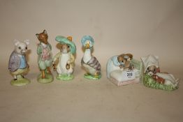 FOUR ROYAL ALBERT BEATRIX POTTER FIGURES TOGETHER WITH A GOLD STAMPED BESWICK BENJAMIN BUNNY