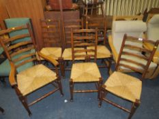 A SET OF SIX ANTIQUE OAK AND WICKERSEAT DINING CHAIRS (5+1)