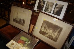 TWO ARTS AND CRAFTS STYLE CROSS FRAMED PRINTS TOGETHER WITH TWO OTHER PRINTS