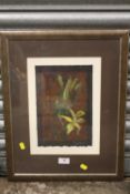A FRAMED AND GLAZED WATERCOLOUR OF FLOWERS BY LESLIE MILLER (STAFFORDSHIRE ARTIST) SIZE 28 CM X 19