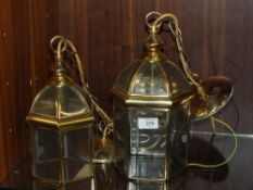 TWO BRASS AND GLASS CEILING LIGHT FITTINGS, TALLEST 33 CM
