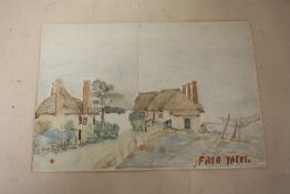 AFTER FRED YEATES - AN UNFRAMED WATERCOLOUR OF COTTAGES, SIZE 25.5 CM X 17.5 CM
